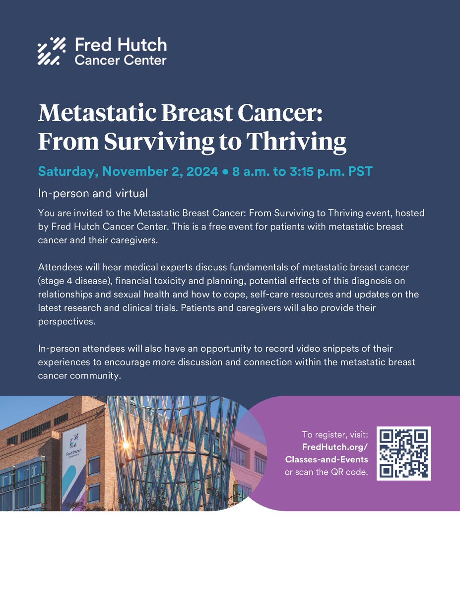 UW Cancer Vaccine Institute (@uwcancervaccine) on Twitter photo Dr. Shaveta Vinayak, CVI Clinical Trials Director, will be giving a keynote address at the 2024 Fred Hutch Metastatic Breast Cancer: From Surviving to Thriving event this Saturday, November 2nd. To register, visit FredHutch.org/Classes-and-Ev⦠or scan the QR code.
<a href="/fredhutch/">Fred Hutch Cancer Center</a> <a href="/UW/">University of Washington</a> Dr. Shaveta Vinayak, CVI Clinical Trials Director, will be giving a keynote address at the 2024 Fred Hutch Metastatic Breast Cancer: From Surviving to Thriving event this Saturday, November 2nd. To register, visit FredHutch.org/Classes-and-Ev⦠or scan the QR code.
<a href="/fredhutch/">Fred Hutch Cancer Center</a> <a href="/UW/">University of Washington</a>