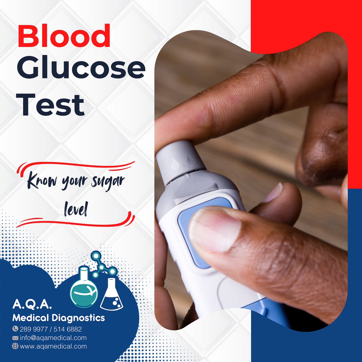 Hello #AqaFamily💙

Knowing your blood 🩸 sugar level is very important. At #Aqa Laboratories we offer you the best glucose test, it averages your blood sugar level for the past 2 to 3 months, this test is called HbA1c.

#AqaCares
#HbA1c
#Aqa