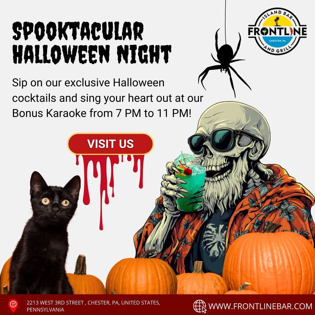 FrontlineBar's tweet image. 👻 Sip, sing, and scare at Frontline&apos;s Halloween Special! 🎃🍹 Join us for spooky cocktails and a bonus Halloween karaoke from 7 PM to 11 PM. 

#HalloweenAtFrontline #SpookyCocktails #KaraokeNight #FrontlineIsland #HalloweenParty2024 #CocktailsAndKaraoke #HauntedVibes #Spooky
