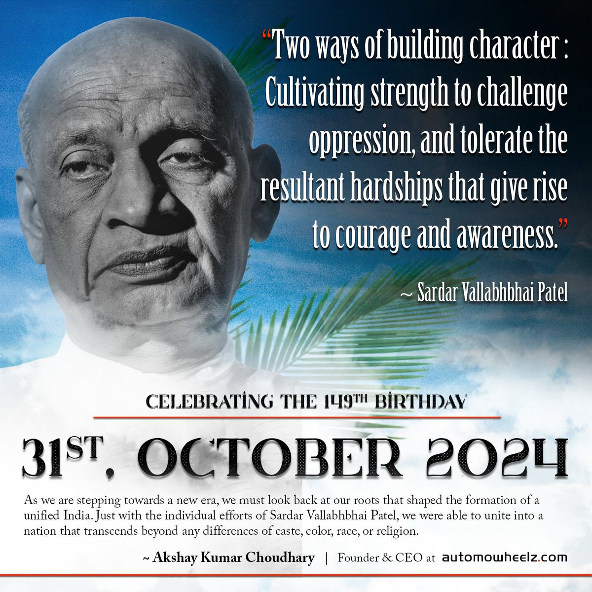 AutoMowheelz's tweet photo. Celebrating The 149th Birthday of the "Iron Man of India" - Late. Sardar Vallabhbhai Patel.

#Sardar #SardarVallabhbhaiPatel #IronManOfIndia #FreedomFighterofIndia  #AutoMowheelz #UnitedIndia https://t.co/se6DmeA2co