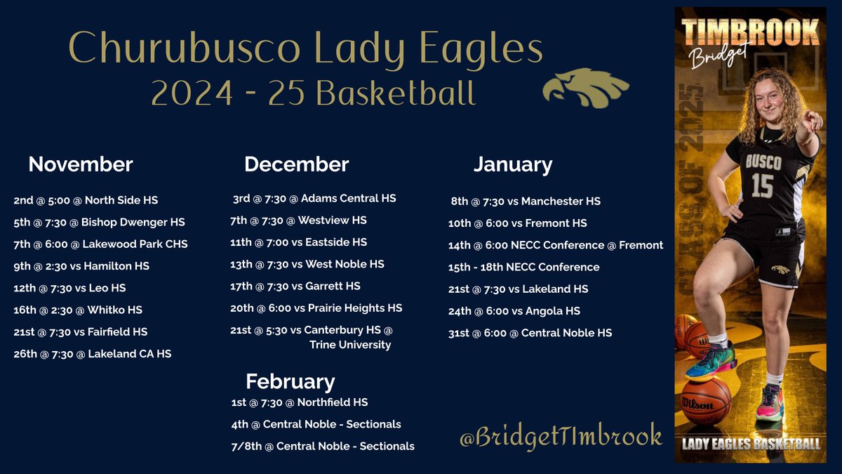 Senior season schedule‼️ Join us and let's fill those stands! 🦅🏀
<a href="/buscosports/">Busco Eagles</a> <a href="/BuscoEagles/">Churubusco Athletics</a>