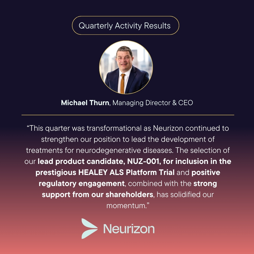 We are pleased to share Neurizon Therapeutics’ Quarterly Activity Results, highlighting our continued progress in advancing treatments for ALS and other neurodegenerative diseases. 

Visit our Investor Hub to read the full announcement at: lnkd.in/e6gnnQjH