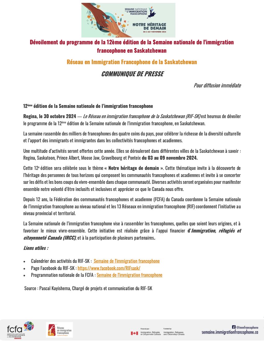 sk_rif's tweet photo. Le Réseau en immigration francophone de la Saskatchewan est heureux de dévoiler le programme de la 12ème édition de la Semaine nationale de l’immigration francophone, en Saskatchewan.
#snifsk2024 #SemaineNationaleImmigrationFrancophone https://t.co/YZaHINh1fn