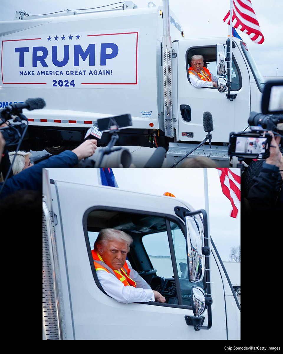 NEWSMAX's tweet photo. TRASH TALK: Donald Trump responds to President Biden's "garbage" remark about voters by making an appearance in a Trump-branded garbage truck — "in honor of Kamala and Joe Biden." https://t.co/ZdwNdAd6Kg https://t.co/pQB6Y65pPy