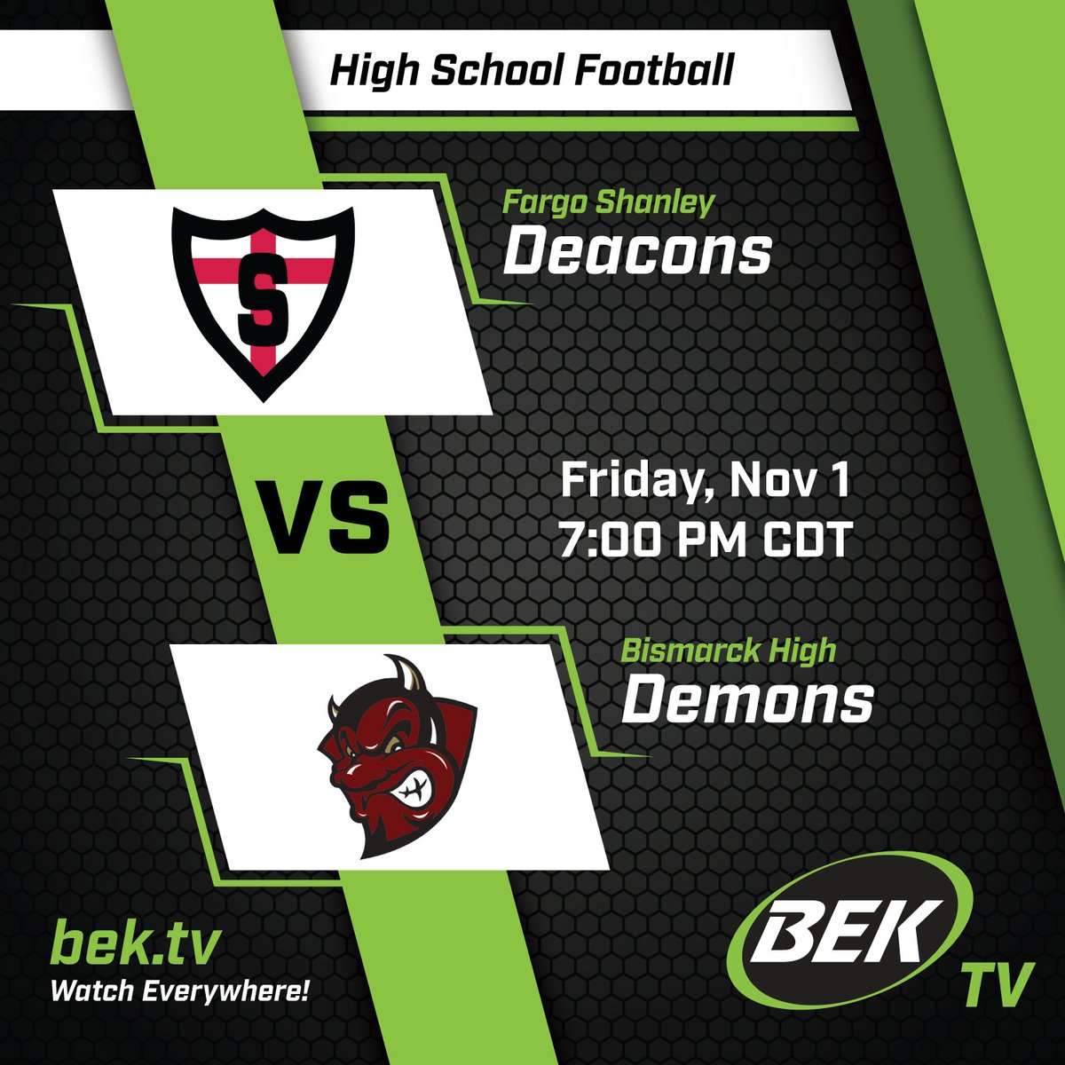 BEKSports's tweet image. 🏈 It's Quarterfinal Time! 🏈 

🔴Fargo Shanley takes on ⚫Bismarck High this Friday, Nov. 1st at 7:00 PM in the MDU Resources Community Bowl in Bismarck, ND! 

Can't make it to the game? 📺 Download the BEK TV+ app for all the...
#Quarterfinals #HighSchoolFootball #BEKTVPlus
