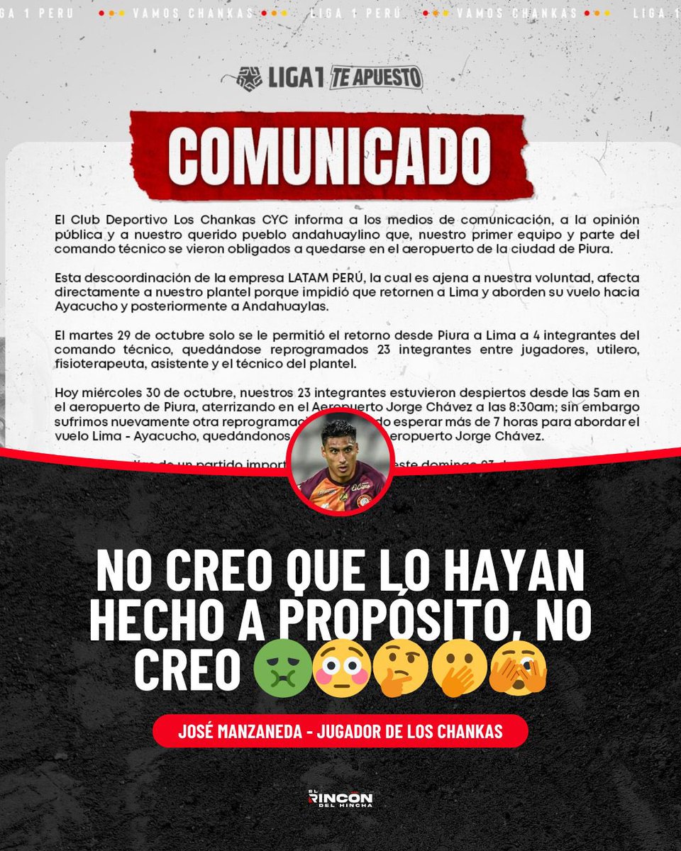 erdh19's tweet photo. ¡Saltan las alarmas🚨! 

José Manzaneda, jugador de Los Chankas, publicó un mensaje haciendo referencia a la noticia de la reprogramación de su vuelo de regreso a Andahuaylas, donde se preparará para el enfrentamiento contra Universitario 🟡🔴 en la última fecha del Clausura 🏆 https://t.co/J8S1CemuoY