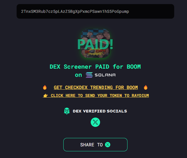 wbtboom's tweet photo. DEX IS PAID! Confirmed by #CheckDEX

GET READY TO BOOOOM! https://t.co/vpKjblgTAU