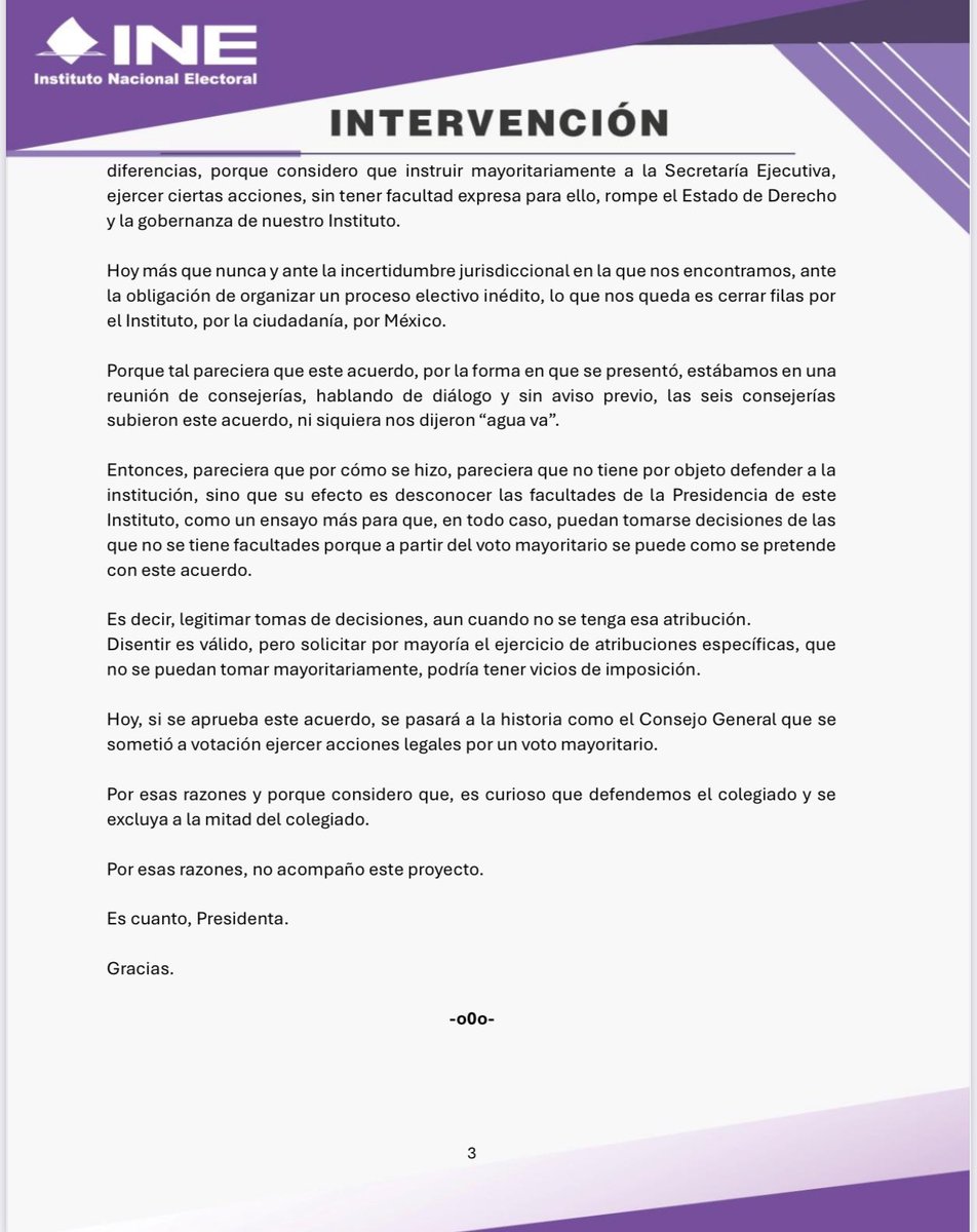 INEMexico's tweet photo. Intervención de la Consejera @NormaIreneD, en el punto 16 relativo al Proyecto de Acuerdo por el que se instruye a la Secretaría Ejecutiva interponer una Controversia Constitucional en contra de la reforma a los artículos 45, párrafo 1, incisos e) y p) y 48, párrafo 1, inciso b) del "Decreto por el que se reforman y adicionan diversas disposiciones de la Ley General de Instituciones y Procedimientos Electorales, en materia de elección de personas juzgadoras del Poder Judicial de la Federación", publicado en el Diario Oficial de la Federación el 14 de octubre de 2024.

➡️ https://t.co/SMzRPpYHRj