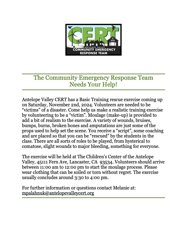 AV_CERT's tweet photo. We are looking for volunteers to participate as "victims"  in a mass casualty event exercise. please wear clothes that you do not mind being stained or dirtied without regret. 

For more information and to RSVP, see attached flyer or contact mpalahnuk@antelopevalleycert.org https://t.co/ox68NgZ0gE