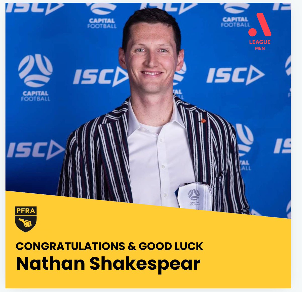 ProRefsAus's tweet photo. The PFRA &amp; all our members, we proudly congratulate Nathan Shakespear on his @aleaguemen debut! We’re thrilled to support &amp; celebrate this achievement with him, knowing he’s inspiring the next generation of referees. 

https://t.co/VOY4ZyWMSM

 #ALMDebut https://t.co/rsvpUtWABL