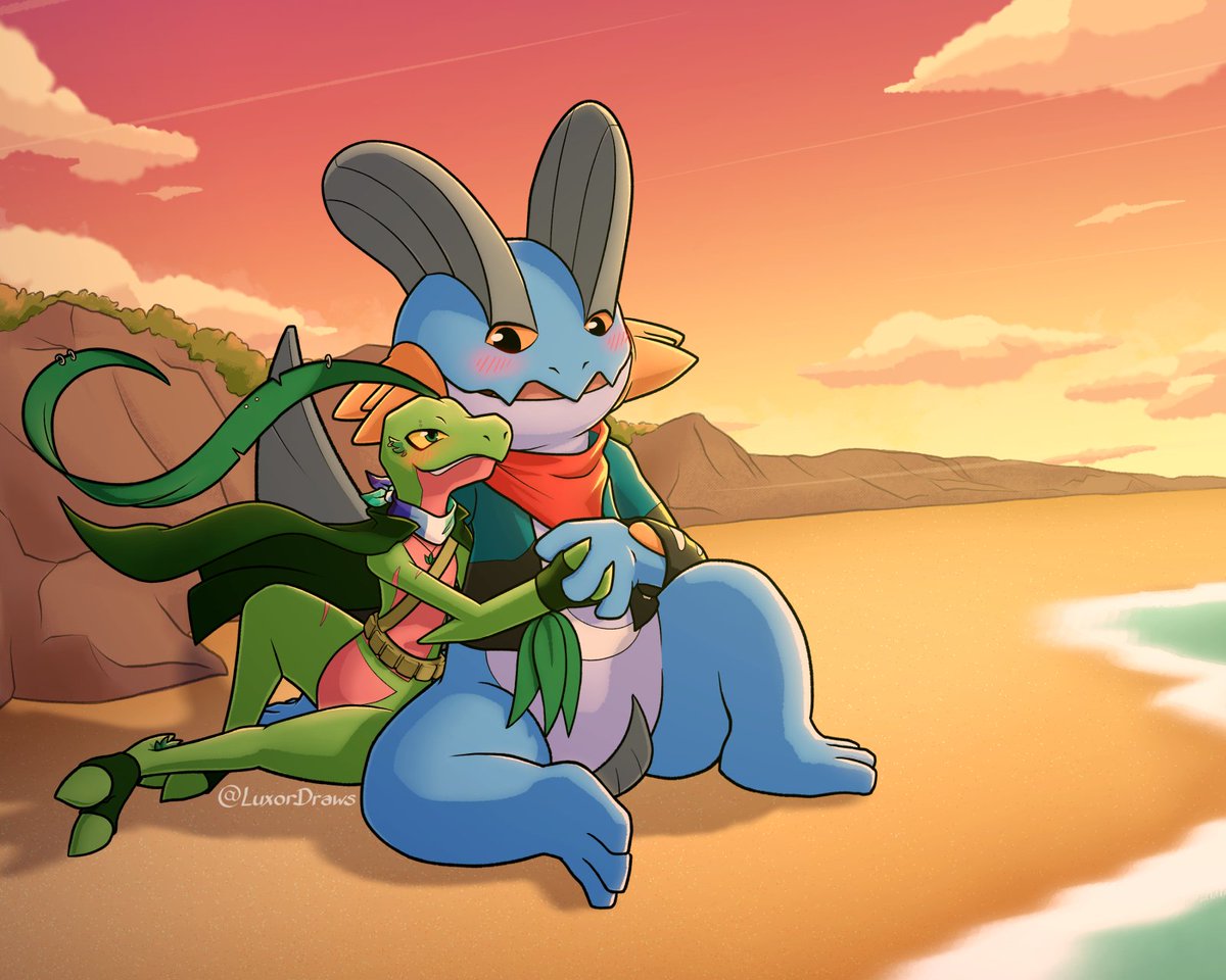 A sunset on the beach with someone special! 💚💙

Commission for <a href="/brendan_exe_/">brendan 🍉 INACTIVE - 🦋 @brendanexe.pmd.social</a> and <a href="/TipScaleBoi/">Lab Kip Learning</a>!