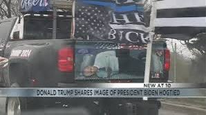 Donald Trump posted a video  featuring an image of President Joe Biden tied up in the back of a pickup truck. But Joe Biden said the word garbage. Give me a break.