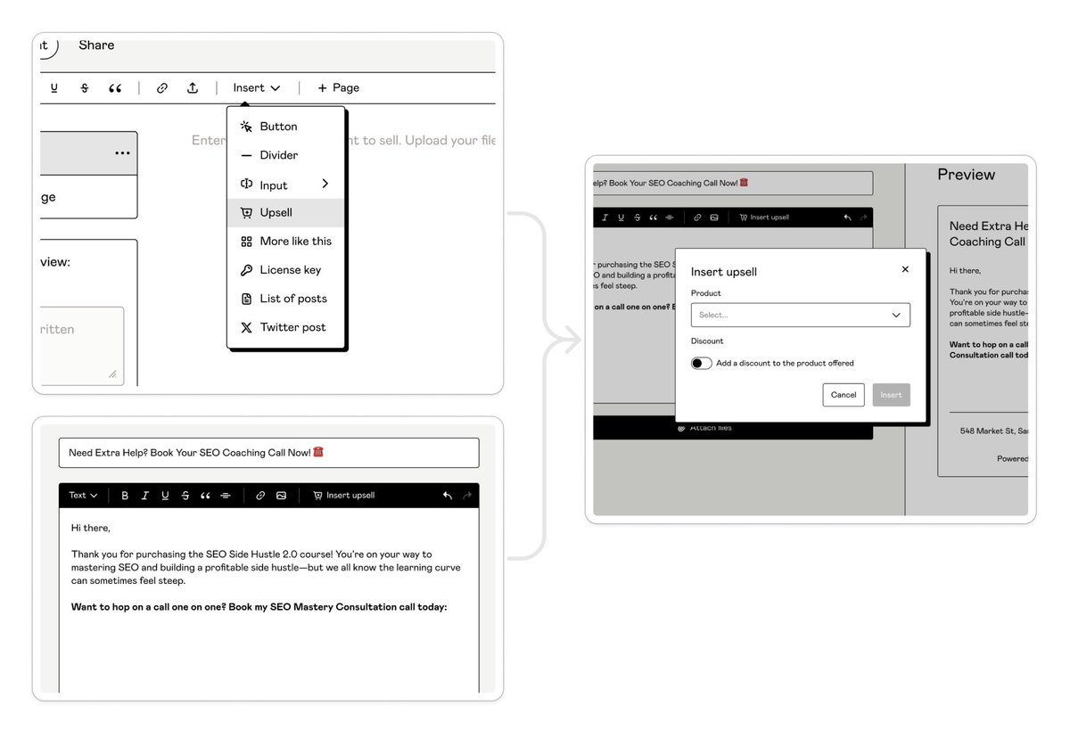 📣 New: Drive more sales with built-in upsells on Gumroad!

Add discounted product offers:
• In your post-purchase emails
• Directly in your content
• Within workflow emails