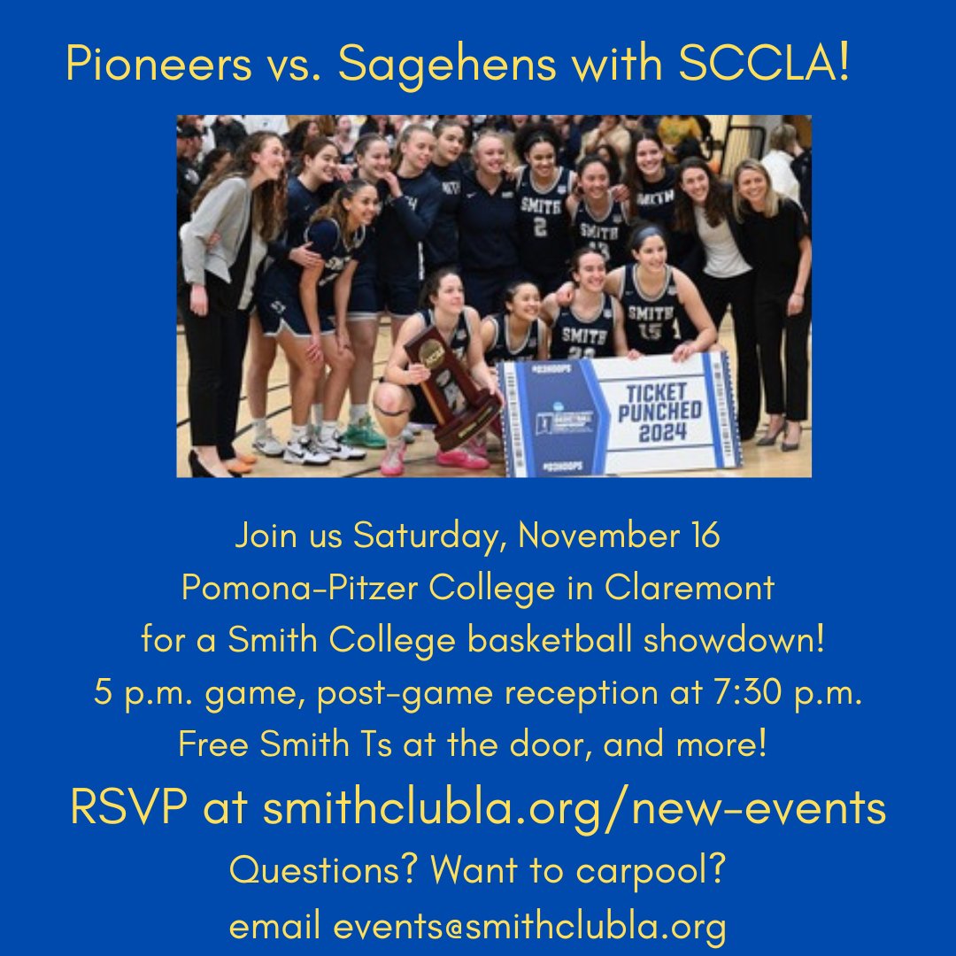 SmithClubLA's tweet photo. Join club members and team members for an unbeatable night of basketball rivalry! Cheer on the Pioneers, then mingle with them afterward during their rare visit to the west coast/best coast. Here's a chance to relive your college years in M.A., but in L.A.! Go Pioneers! https://t.co/PWr2OCbEHE