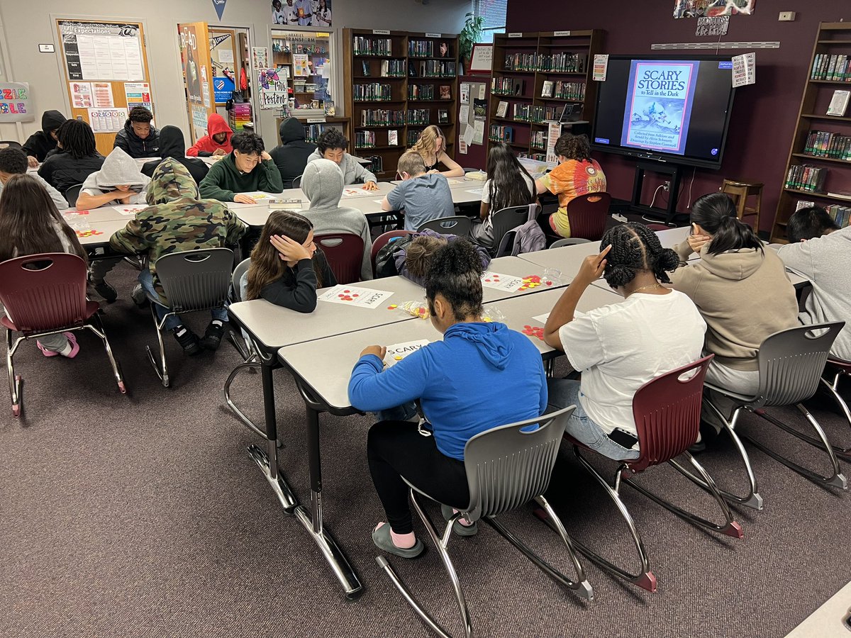 8th grade <a href="/OPS_Morton/">OPS Morton Middle</a> Ss engaged in a reading + listening activity in the <a href="/MMMSLibrary/">Morton Library</a> today. They locked in to hear key words in multiple fictional scary stories to get “SCARY” (BINGO), and it was a perfect rainy day, spooky season lesson. 🍂🎃