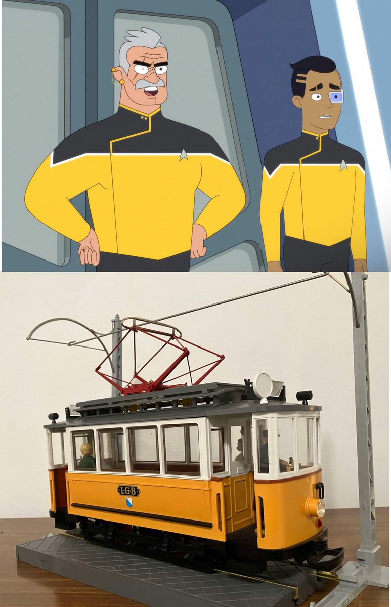 If you’re an LGB fan and collector as I am, you’ll recognize their venerable 4-wheel G scale streetcar models. I recently noticed the early color schemes share a symmetry with the Lower Decks uniforms.  

#lgbtrains #startreklowerdecks