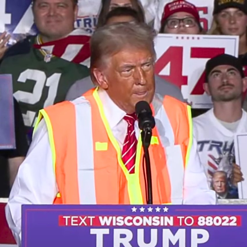 jameslineky's tweet photo. exiting 9 years of presidential campaigns in his truest form:

an unstable, unserious old man wearing bizarre makeup to hide his age and mocking the workers he’s screwed over throughout his life (and would again in a heartbeat) https://t.co/pce4J4SFm8