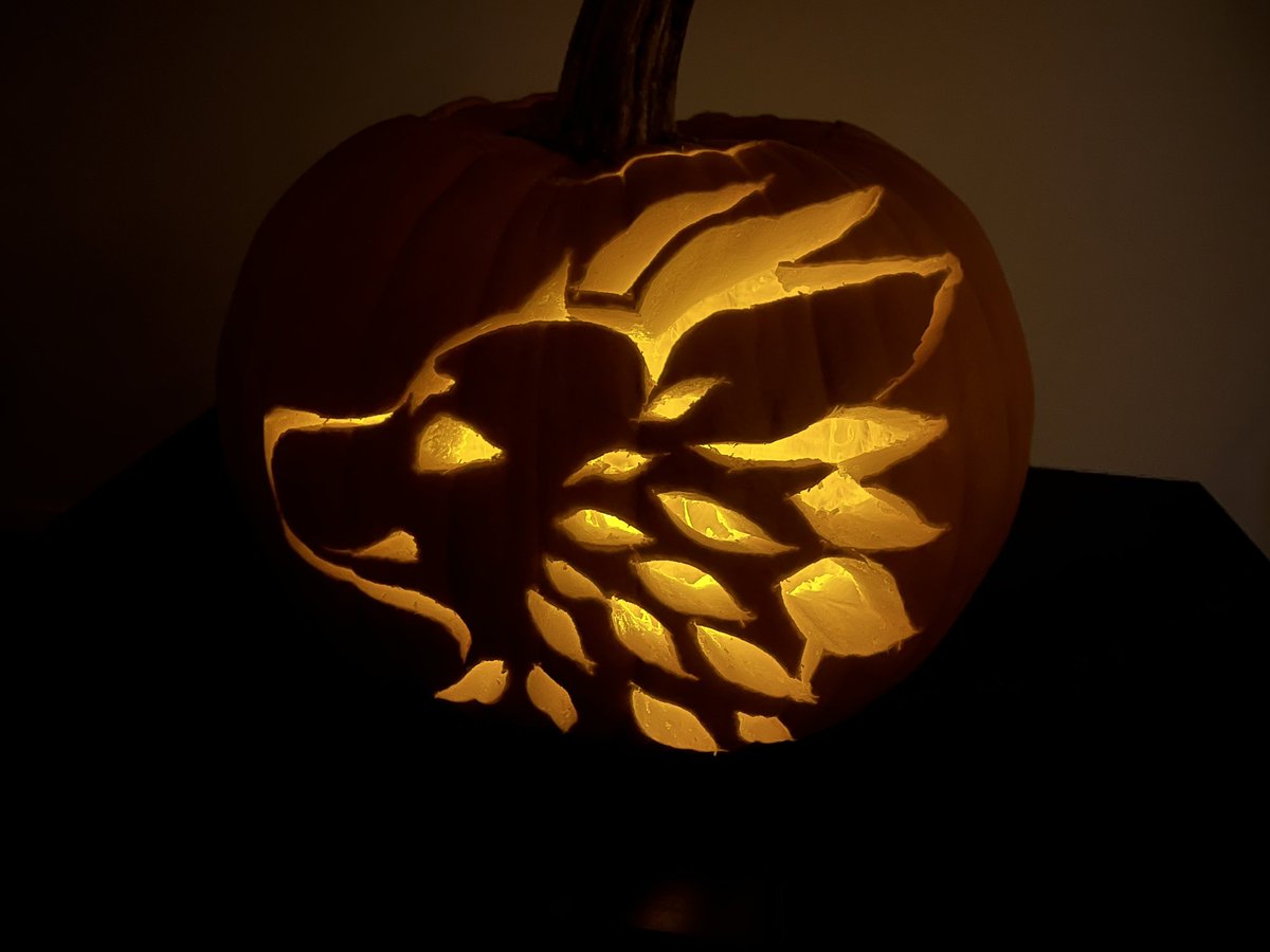 FuseAgata81243's tweet photo. An adorable Nardoragon pumpkin I carved for my fiancé @AbraxasSonnet 
#furrycommunity #vrchat https://t.co/fxSMaTDXWI