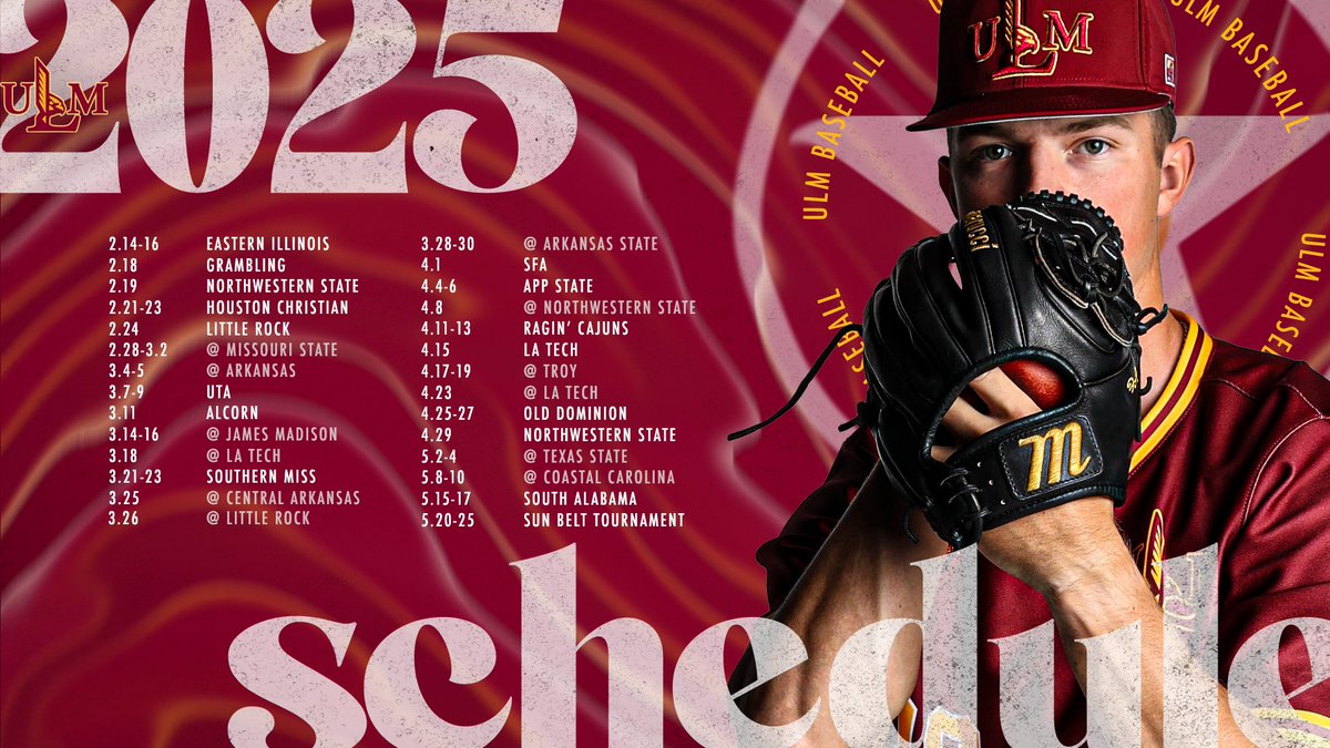 ULM_BSB's tweet photo. 𝙄𝙏'𝙎 𝙁��𝙉𝘼𝙇𝙇𝙔 𝙃𝙀𝙍𝙀‼️

Our 2025 schedule is finalized, with opening day set for February 14th at The Lou 👀 

Check out our complete 2025 schedule and mark your calendars✍️ 

���️🗓️: https://t.co/Zdm91F04SF
⚾️📰: https://t.co/hMstgIBCJm https://t.co/AI23CXKj9h