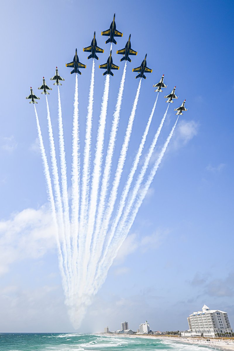DWPhotographed's tweet image. The Blue Angels and Thunderbirds join forces for the Super Delta formation over Pensacola Beach, FL!