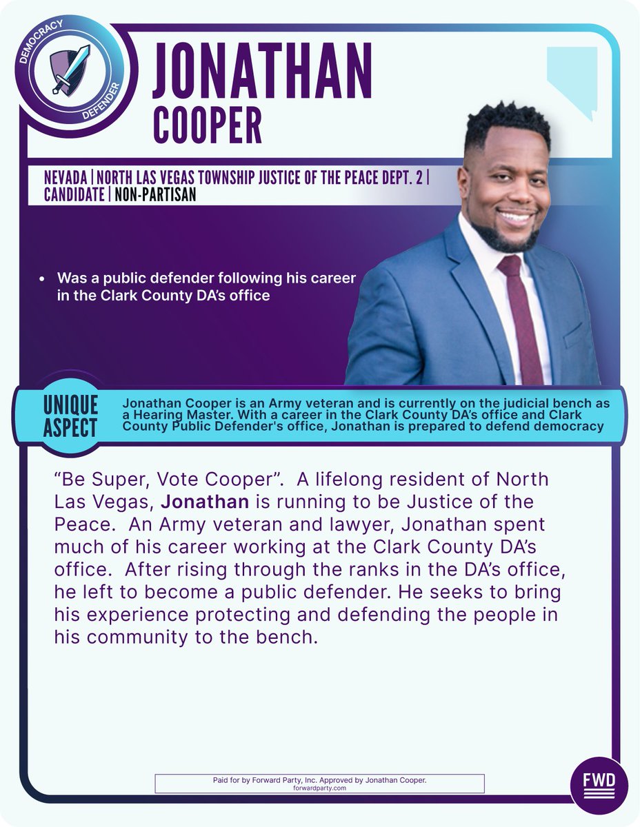 Jonathan Cooper is the candidate North Las Vegas needs! With experience as a public defender and in the DA's office, he’s worked both sides to serve his community. As Justice of the Peace, he’ll bring fresh solutions to strengthen our democracy.