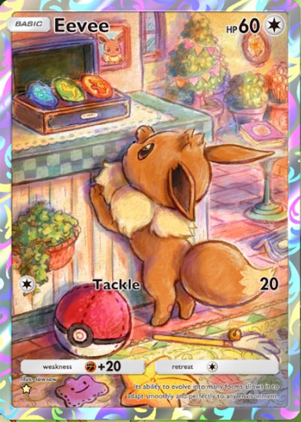 ShellBeeVA's tweet image. I’m so sad the pocket TCG cards aren’t becoming a physical set, look how pretty this eevee card is :(