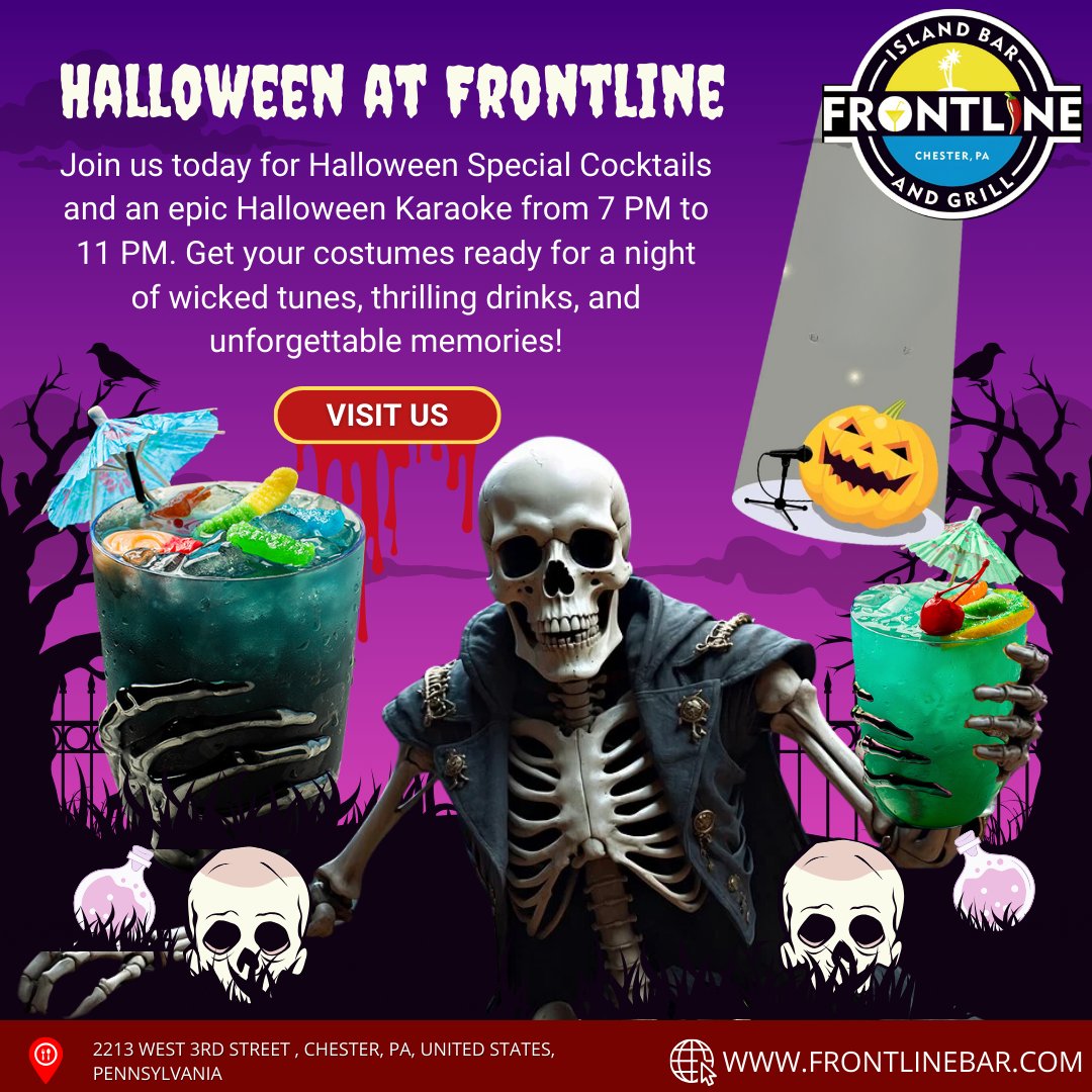 FrontlineBar's tweet image. 🎃👻 Halloween at Frontline is here! Join us today for Special Cocktails and an epic Halloween Karaoke from 7 PM to 11 PM. 🍹🎤 Get your costumes ready for a night of wicked tunes, thrilling drinks, and unforgettable memories!

#HalloweenAtFrontline #SpookyCocktails #KaraokeNight