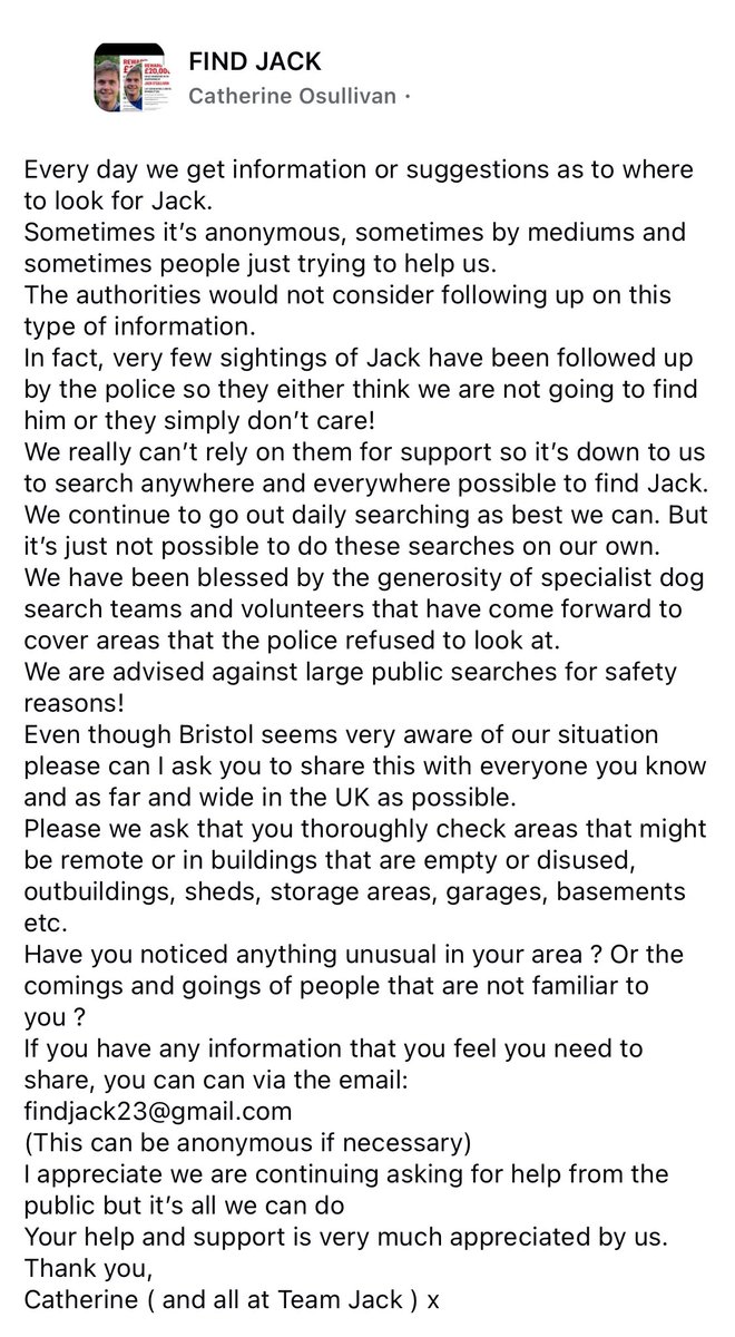findjack23's tweet image. We’re still searching, we’re not giving up. Jack’s loving mum writes another message pleading for help and asking you, the public, not to give up either. 

There is a £20,000 reward for key information.
Email findjack23@gmail.com

#FindJack
