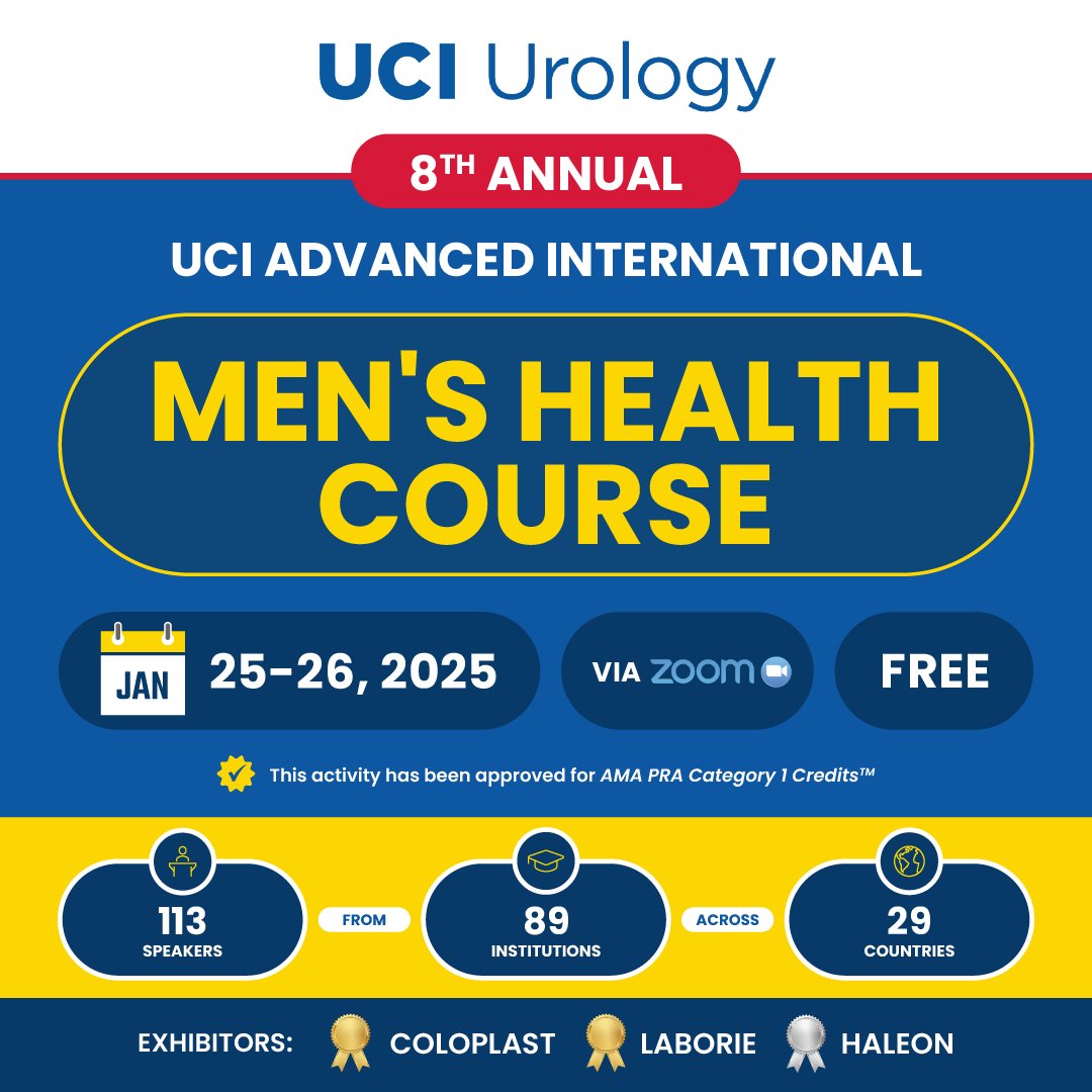 UCI Kidney Stone Center (@ucikidneystone) on Twitter photo Join us on Jan. 25-26, 2025 for the 8th Annual UCI Advanced Menās Health Course. This FREE 2-day course will be delivered via Zoom & includes 113 speakers from 89 institutions across 29 countries. Registration required: bit.ly/3Ur6lqn Learn more: urologyevents@hs.uci.edu Join us on Jan. 25-26, 2025 for the 8th Annual UCI Advanced Menās Health Course. This FREE 2-day course will be delivered via Zoom & includes 113 speakers from 89 institutions across 29 countries. Registration required: bit.ly/3Ur6lqn Learn more: urologyevents@hs.uci.edu