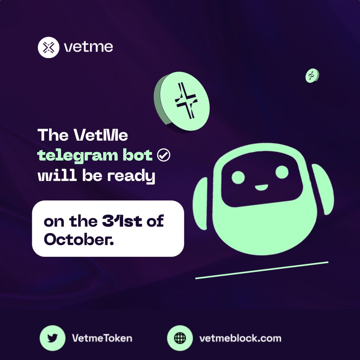 As previously announced, our goal in developing a Telegram bot is to boost the adoption of $VetMe’s platforms, particularly with the upcoming P2P launch set for the next few days.

We’re excited to share that user engagements will be rewarded, and the bot is scheduled to launch