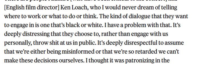 DuckHonkin's tweet photo. Rereading the Rolling Stone Thom Yorke interview where he talks about Israel and it is very funny how dumb he is. 
"We should bring people together, not divide". 
"We should be able to do what we want". 
"Jonny’s crying, are you happy now?" 
"We're not retarded you know" https://t.co/cQ1oZPaGin