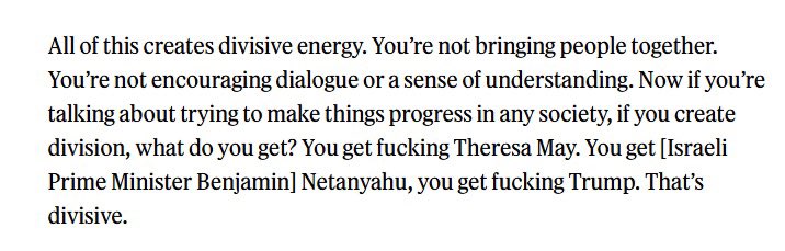 DuckHonkin's tweet photo. Rereading the Rolling Stone Thom Yorke interview where he talks about Israel and it is very funny how dumb he is. 
"We should bring people together, not divide". 
"We should be able to do what we want". 
"Jonny’s crying, are you happy now?" 
"We're not retarded you know" https://t.co/cQ1oZPaGin