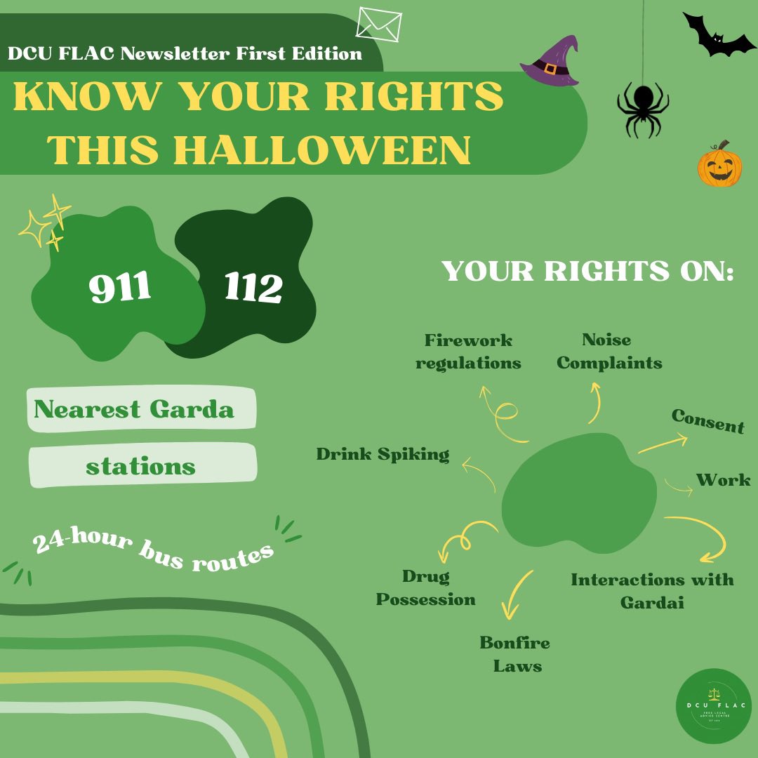 DCUFLAC's tweet photo. We are SO excited to announce the release of the DCU FLAC newsletter!!
The first edition is out now- FLAC members, check your inbox and take 4 minutes to read about safety measures and your rights this Halloween!!

Stay safe and Happy Halloween from your DCU FLAC team!! 💚🎃⭐️ https://t.co/OqIho7EtGU