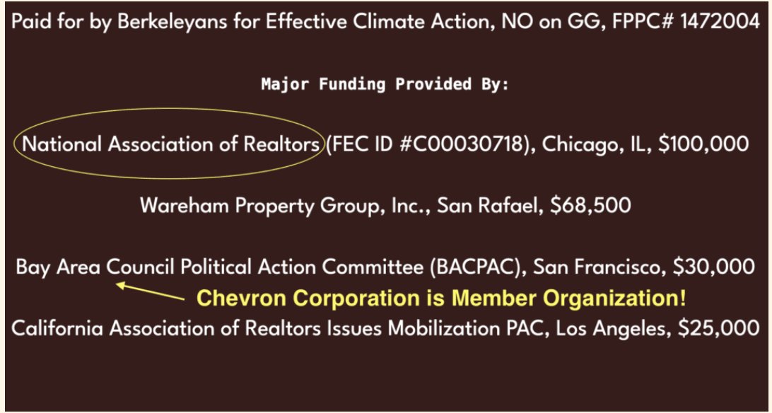 ClimateEquityHH's tweet image. In case you were wondering who was paying for all those mailers and ads (even on broadcast TV!) against Measure GG and local climate action, wonder no more.

Realtors, Chevron, and big property conglomerates. 

Your favorite local organizations are just being used as a front.