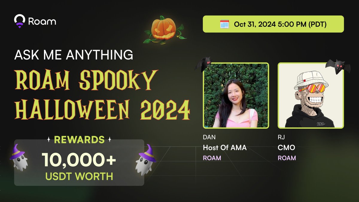 weroamxyz's tweet photo. AMA with Roam: Roam Spooky Halloween 2024

Join us on October 31st as RJ, CMO of Roam, shares all the thrilling details about our Halloween event happening in the #Roam App! 
Discover exclusive tips and tricks to maximize your experience.

Time: October 31, 5:00 PM (PDT)
Join Us Here: https://t.co/knONoEdaF9

Mark your calendars and get ready for a hauntingly good time!
#DePIN #WiFi #Blockchain