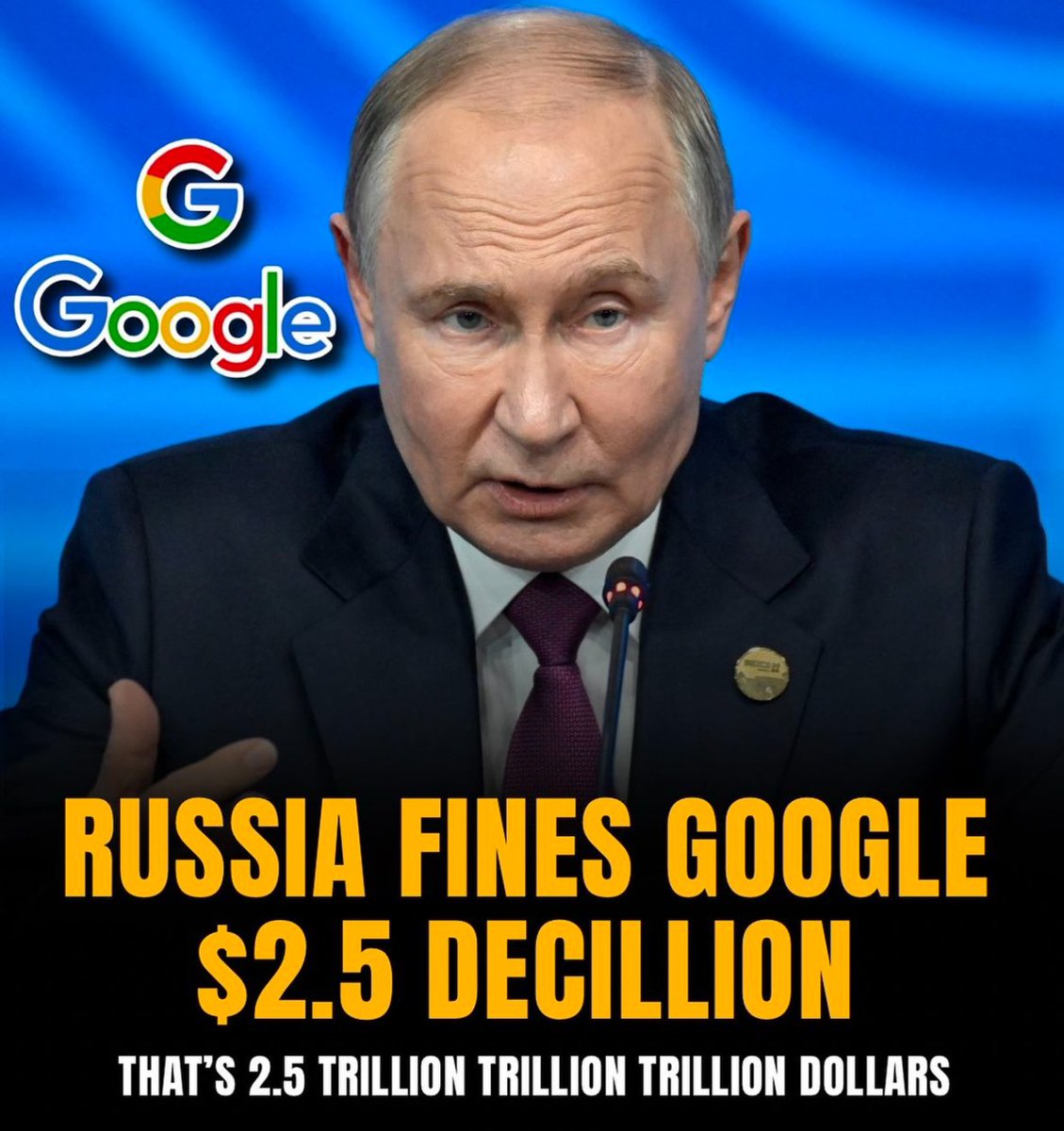 A Russian court has fined #Google $2.5 decillion for allegedly blocking pro-Kremlin propaganda on Youlube.