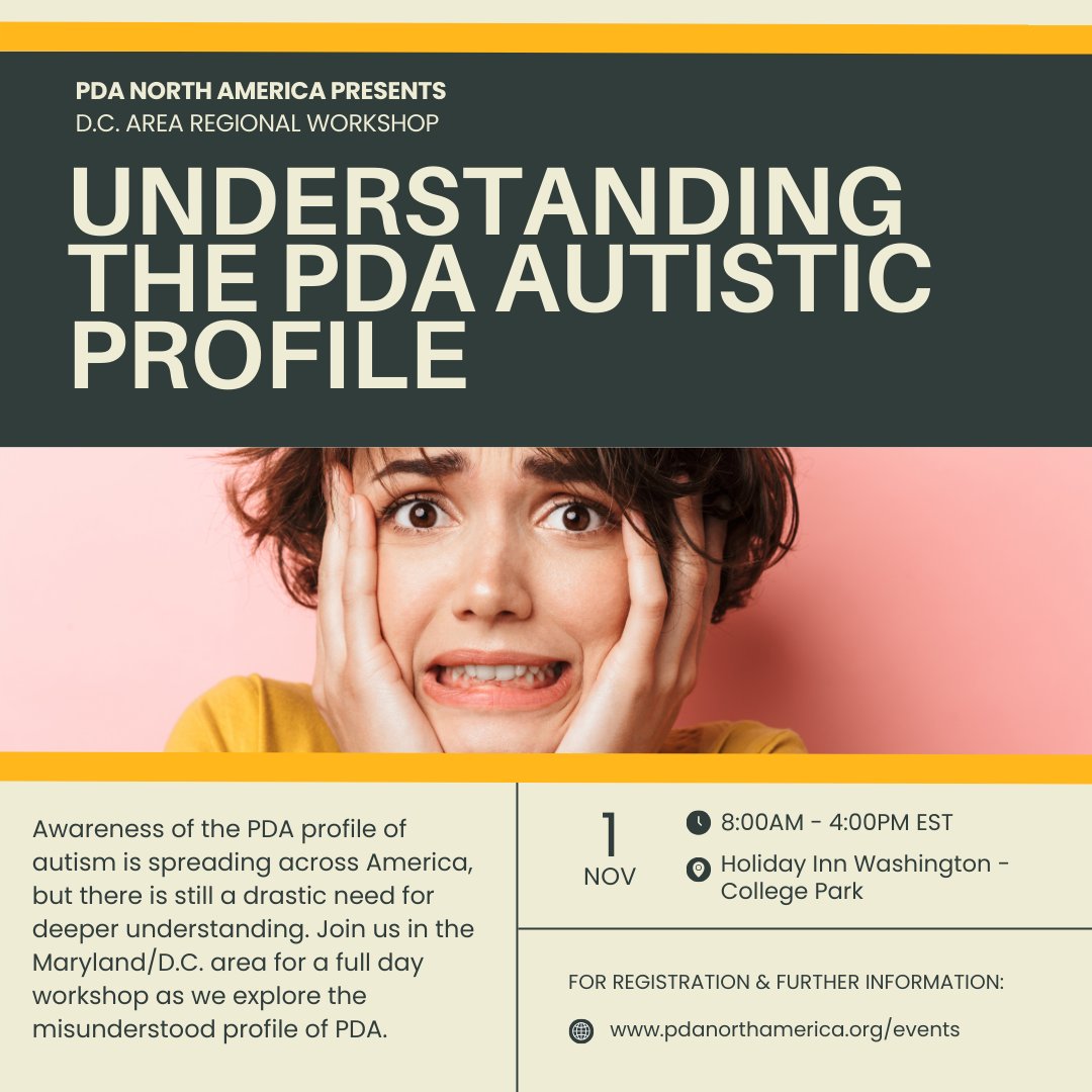 If you're in the D.C. area, there's still time to register and join me this Friday at the PDA North America Workshop: Understanding The PDA Autistic Profile. 

Learn more here: zeffy.com/en-US/ticketin…

#Autism
#ASD
#PDA
#Parenting
#Maryland