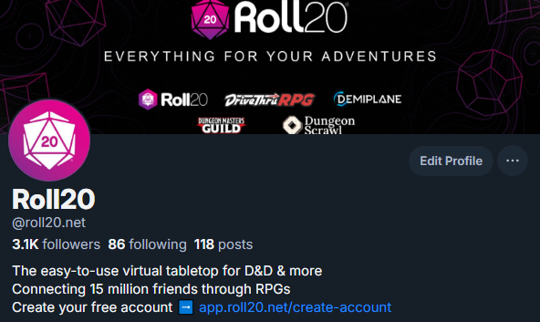 roll20app's tweet photo. Psst 👀 

You can find us on other platforms talking about VTT updates, D&amp;D, and more! 

We'll see you over there. 👋 https://t.co/VlcR9gCsK2