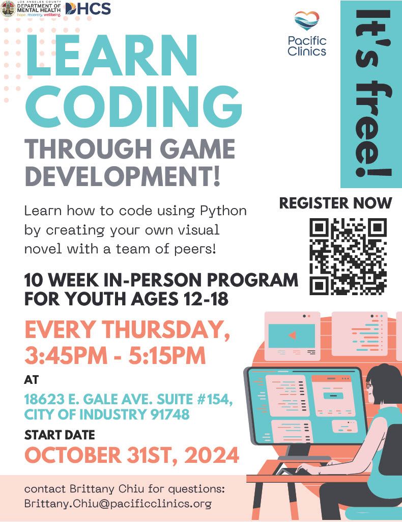 USSAdvocacy's tweet image. Excited to announce @PacificClinics upcoming Youth Coding Workshop! 🎉 Dive into the world of #coding, learn new skills, and meet like-minded peers! 💻🚀 Join this fun-filled, educational journey. #YouthCoding #TechEducation #ProgrammingForKids
