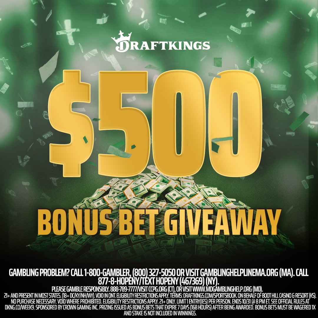 Did someone say week 9 and feeling fine? 🤔

Well we just did - we have another bonus bet coming your way! 🕺 
To enter, simply:
1) Follow us @dksportsbook
2) Comment using #DraftKings

1 Winner | $500 Bonus Bet | Rules: dkng.co/Week9