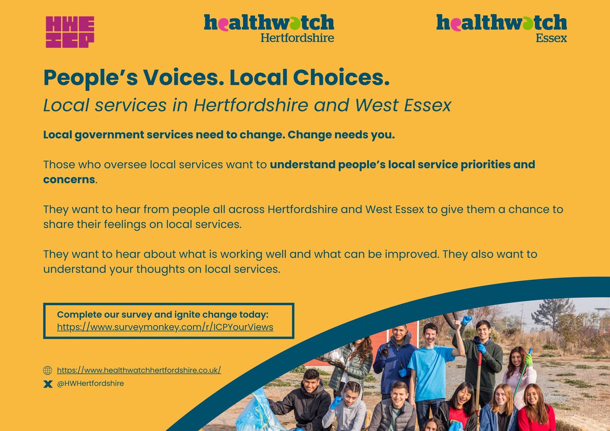 Healthwatch Hertfordshire are reaching out to people across Hertfordshire and West Essex to give them a chance to share their feelings on local services. This will inform local service decision-making and priorities.

Help to shape local services: buff.ly/4gBmLGc