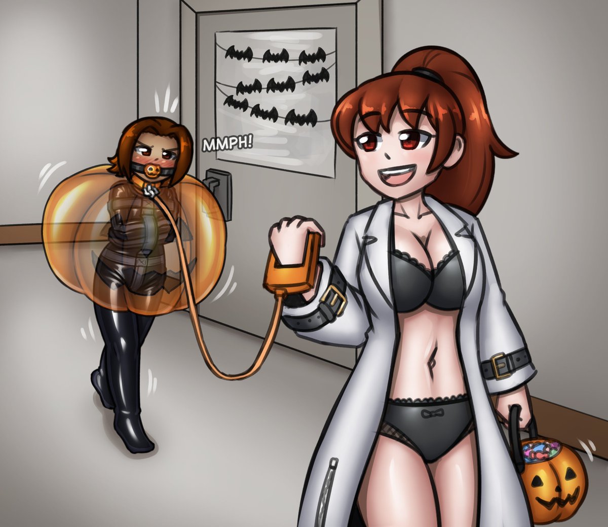 Zerotwo9S's tweet photo. Trick or Treatin' at Daedalus -- Tis the spooky season and while Nina is being punished, Dr. Rosalind found a way to help her favorite test subject enjoy the time spent stuck in a straitjacket~ https://t.co/KncLnjzd7l