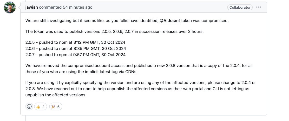 galnagli's tweet photo. TLDR: Massive Supply Chain attack had been happening on the highly popular JS Library lottie-player since ~2 hours ago that populates attackers Web3 wallet connection pop-up on legitimate websites.

I'll write here what we know, what can be done and how to detect it in the wild.

You can track the entire conversations and remediation through https://t.co/lTIjfsJHXh - just to give a timeline of events

3 Hours ago, lottie-player end-user created the linked issue ^ on GitHub, specifying that while seamlessly including the lottie-player library on his website, it populated a Web3 wallet connection:

Simple inclusion of 

https://t.co/cPHDOw8tLu
or
https://t.co/oYbMAyfPxT

Led to:

Users were experiencing the same on popular websites all across the internet, like @tryhackme and it seems that the original attack intent was to target major crypto websites who utilize the library.

1 Hour ago, VP of Engineering at Lottie was tackling the issue within the GitHub thread

As some users who investigated already came to speculations, it seems that one of the maintainers accounts tokens - https://t.co/BjF2MRza1U had been compromised and allowed attackers to plant malicious code on ~3 versions across NPM

https://t.co/d8kWUMUHo3

2.0.5 - pushed to npm at 8:12 PM GMT, 30 Oct 2024
2.0.6 - pushed to npm at 8:35 PM GMT, 30 Oct 2024
2.0.7 - pushed to npm at 9:57 PM GMT, 30 Oct 2024

As of the latest update 20 minutes ago, seems that the original infected package was removed from NPM and most of leading CDNs, however websites who directly reference the affected versions are probably still vulnerable and need to either backport to 2.04 or update to 2.08

"The affected versions have now been removed from https://t.co/ZXBI6z2nC6 (2.0.5, 2.0.6, 2.0.7)."

Another GitHub user has included a gist with reference to the malware itself

https://t.co/qrRMeLTLJN

If you'd like to probe your web assets and see which one of them are using one of the still affected versions, you can use the following Nuclei Template:

https://t.co/G2RRPGUAny

I'll update the thread if anything new comes up.