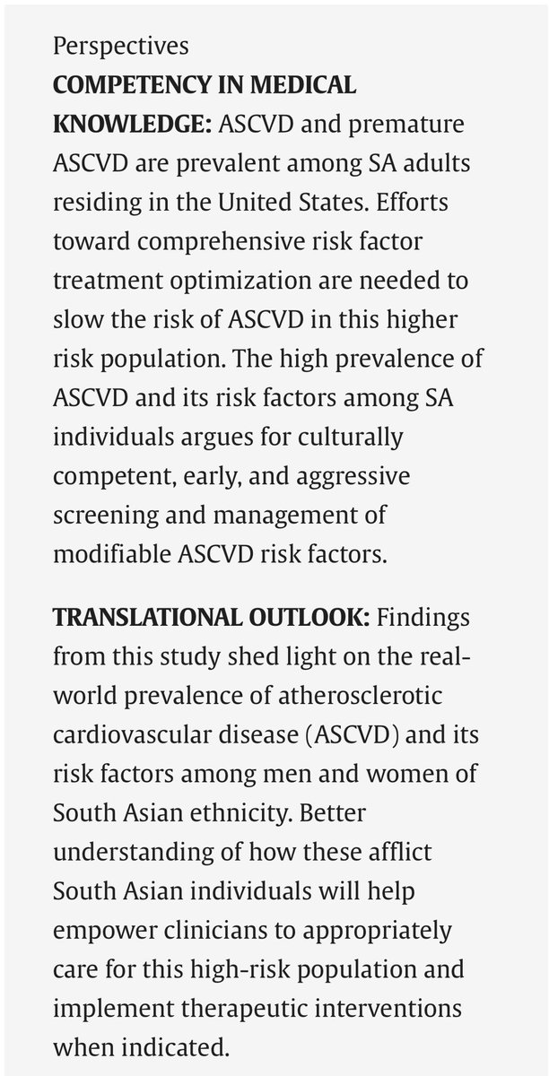Jaideep (@jaideeppatelmd) on Twitter photo Excited to share our inaugural paper from the DILWALE South Asian CV Health Registry established by <a href="/AAgarwalaMD/">Anandita Agarwala Kulkarni, MD FACC</a>
🔗sciencedirect.com/science/articl…
-31K adults (largest 🇺🇸 cohort)
-⬆️ RF burden: HTN,DM
-RFs highest in 🚹 & premature CVD
-HTN & HLD a/w 3.5x CVD risk
-🚺under Rx w LLT Excited to share our inaugural paper from the DILWALE South Asian CV Health Registry established by <a href="/AAgarwalaMD/">Anandita Agarwala Kulkarni, MD FACC</a>
🔗sciencedirect.com/science/articl…
-31K adults (largest 🇺🇸 cohort)
-⬆️ RF burden: HTN,DM
-RFs highest in 🚹 & premature CVD
-HTN & HLD a/w 3.5x CVD risk
-🚺under Rx w LLT