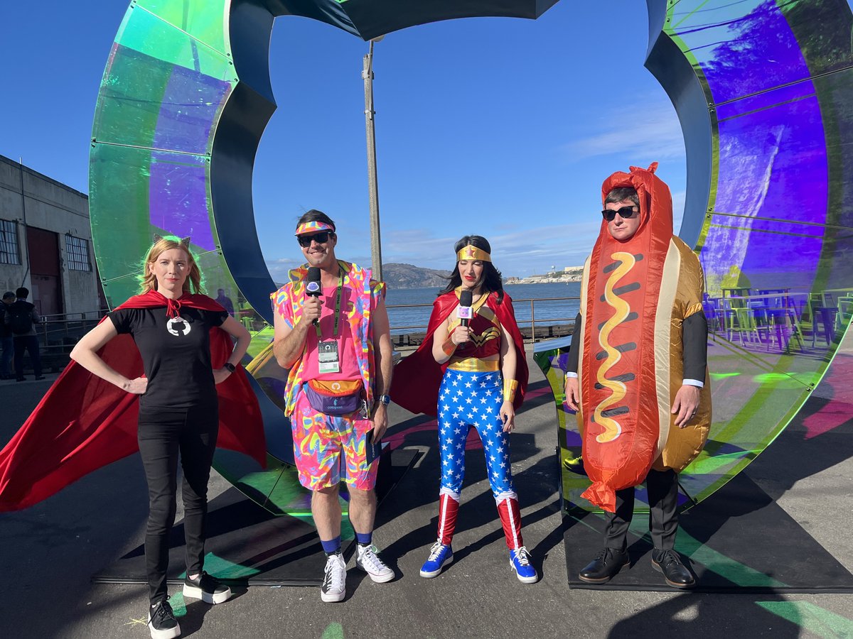 My job is fun as hell #GitHubUniverse shout-out <a href="/damovisa/">Damian Brady 🥑 🏠</a> and <a href="/QuinnyPig/">Corey Quinn</a> and <a href="/broccolini/">Diana is broccolini</a> for playing dress up as we wrapped up day 2!