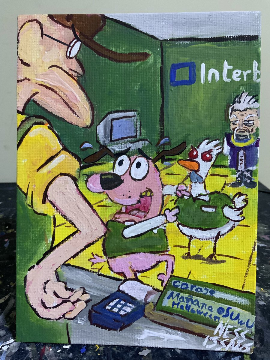 NessConfirmed's tweet photo. Coraje de ingeniería de sistemas advirtiendo que hay un hacker infiltrado que se está robando la info de los usuarios de Interbank  - Pintura acrílica sobre lienzo 13x17cm https://t.co/x1GMZMOCKp