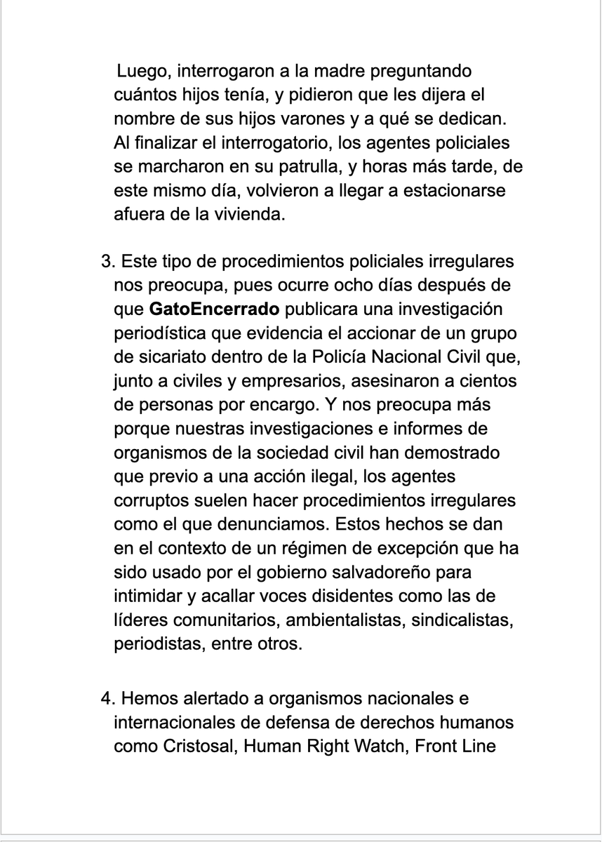 GatoEncerradoSV's tweet photo. 🚨 ALERTA 🚨

Denunciamos públicamente un procedimiento policial irregular en la casa de la madre de uno de nuestros editores. https://t.co/7Vpn72WfBq