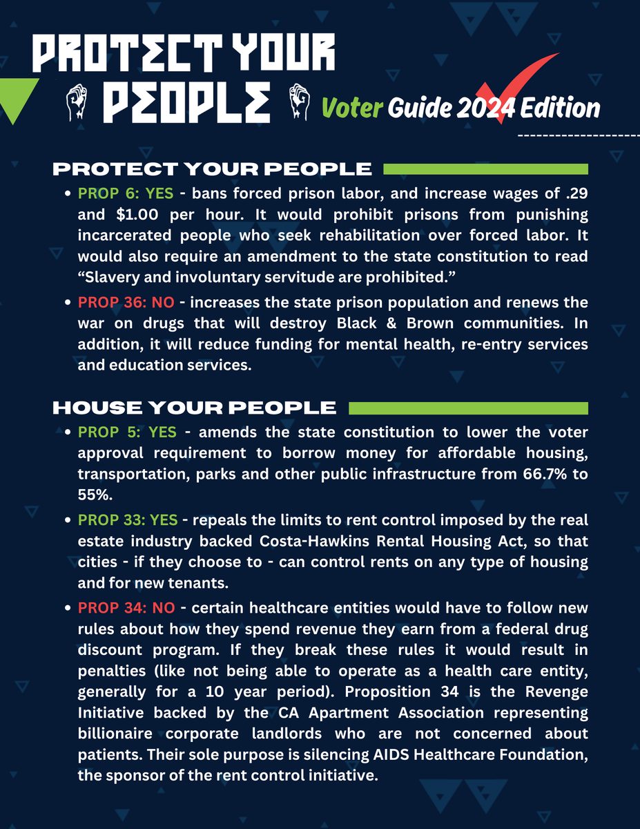 Here is our 2024 Protect Your People Voter Guide! Remember to protect your people, house your people, love your people, pay your people, educate your people and protect our climate! #CaliforniaElection #NoOnProp36 #YesOnProp6 #ProtectYourPeople
