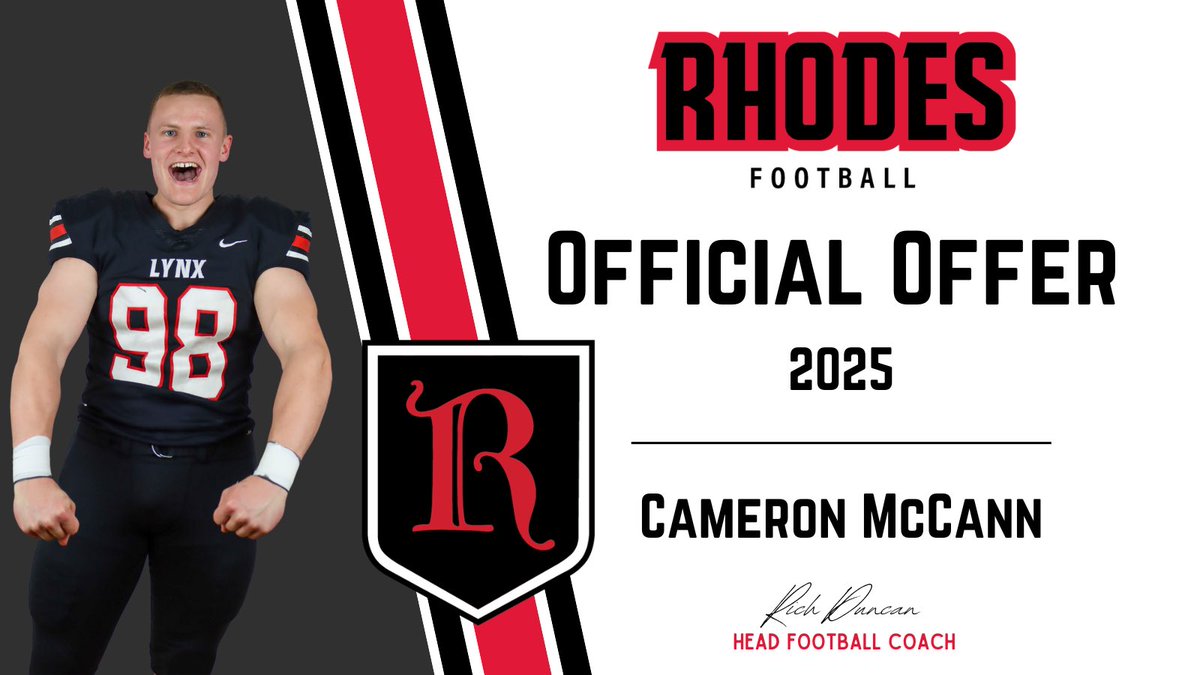 Cameronmccann59's tweet photo. #AGTG I’m blessed to receive an offer from @RhodesFootball 🔴⚪️ thank you @Coach_Womble and @coachrichduncan for the amazing opportunity! Go Lynx! https://t.co/7q6IDpXQ8P