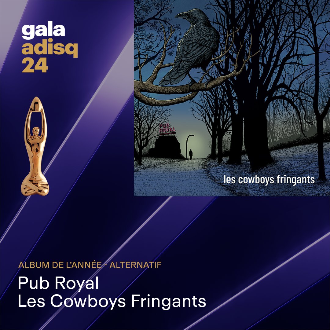 ADISQ_'s tweet photo. #GalaAdisq ✨ @LesCFringants remporte leur deuxième Félix de la soirée dans la catégorie « Album de l'année - Alternatif »  pour leur album « Pub Royal ». https://t.co/DN7XRCZBr9
